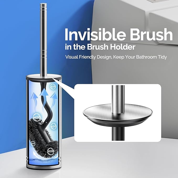 HAMITOR Toilet Brush and Holder Set: 304 Stainless Steel Heavy Duty Bowl Cleaner Brush - Deep Cleaning Under Rim Curved Bristle - Space Saving Wall-Mounted for Home RV Bathroom Accessories Silver