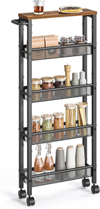 VASAGLE Slim Rolling Cart, 5-Tier Storage Cart, Narrow Carts with Handle, 5.1 Inches Deep, Metal Frame, for Kitchen, Dining Room, Living Room, Home Office, Rustic Brown and Classic Black ULRC034B01