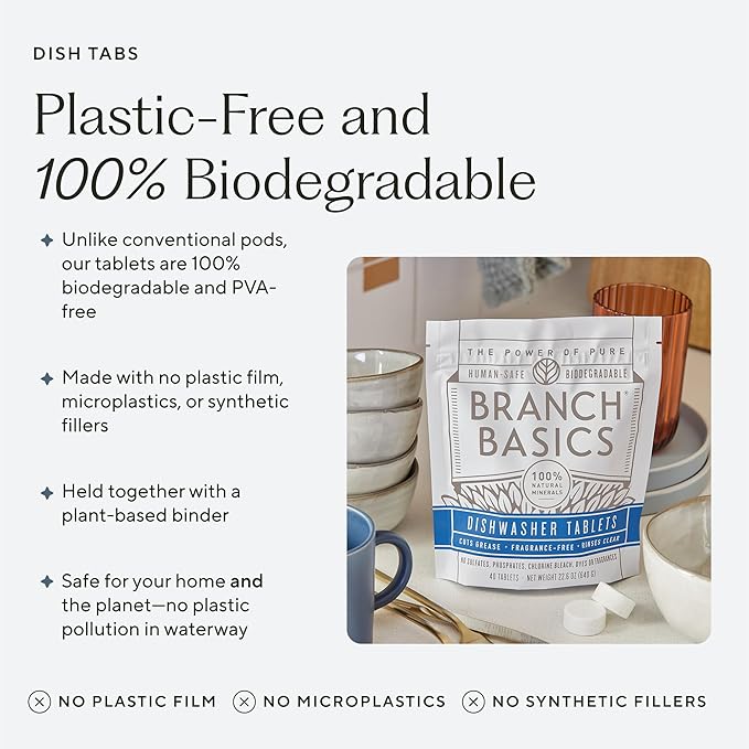 Branch Basics Dishwasher Tablets – 40 Ct, 3 Pack | Plastic-Free, Fragrance-Free, Human-Safe | Delivers a Powerful Clean Without Harsh Chemicals