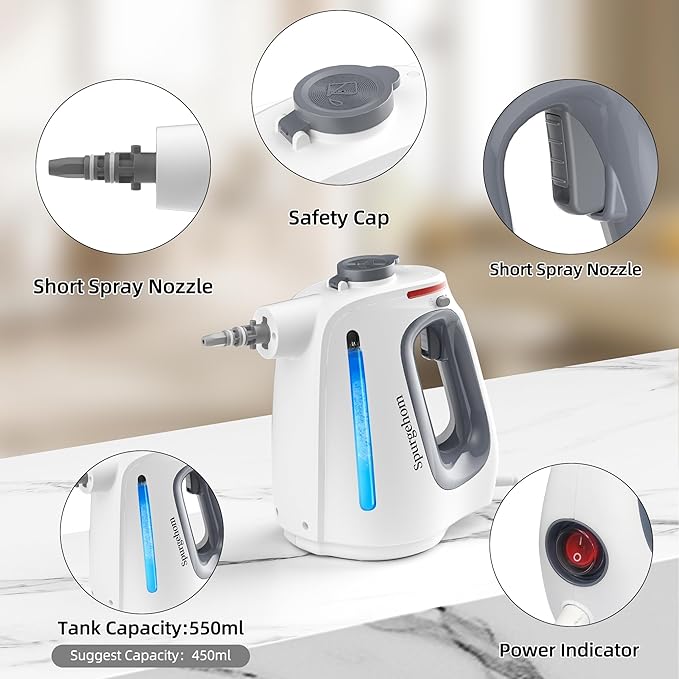 Spurgehom 1350W Handheld Steam Cleaner with 15-Pc Accessories(including mop) & 550ML Tank – 3Bar Dirty-Free Steamer for Floors, Cars, Upholstery, and Multi-Surface Home Cleaning