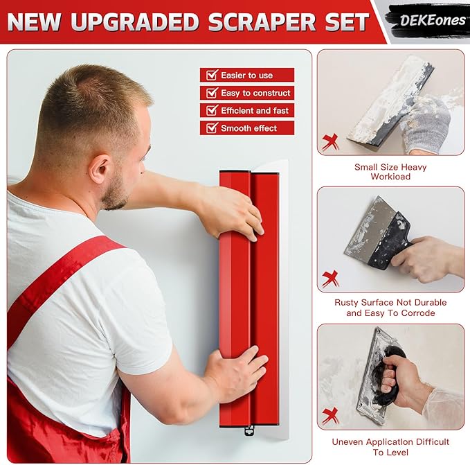 DEKEones Drywall Skimming Blade Set with Portable Case, Stainless Steel 6", 10",16", 24"&32" Skimming Blades with 28"-62" Extension Handle, Drywall Finishing Tools for Plasterboard and Wallboard