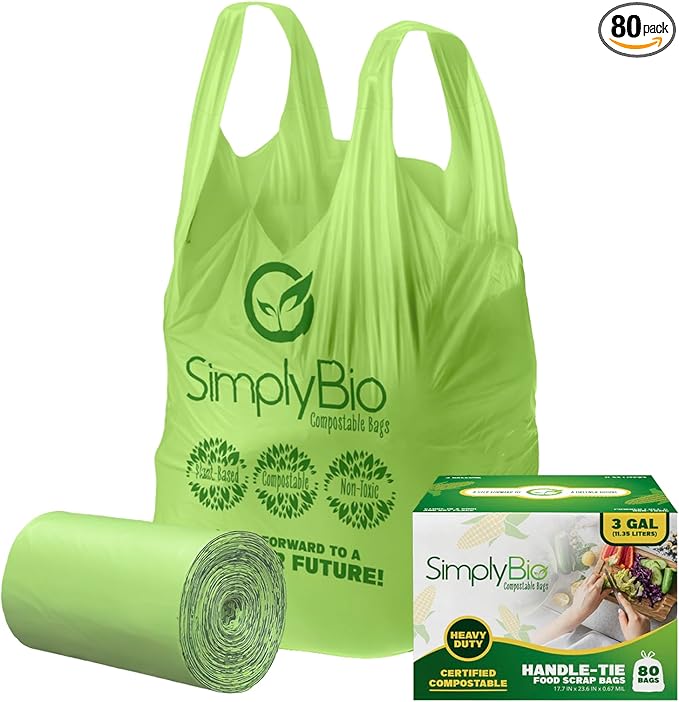 3 Gallon Compostable Trash Bags Liners with Handle-Tie, Thick 0.67 Mil, 11.36 Liter, 80 Bags, Small Kitchen Food Scrap Waste Bag, ASTM D6400, US BPI and OK Compost Home Certified