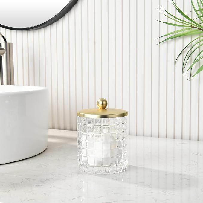 Clear Tranparent Apothecary Etched Geometric Grid Glass Jar W/Gold Metal Lid Cover for Bathroom Organization, Cotton Balls, Q Tips, and Small Accessories, Bathroom Storage