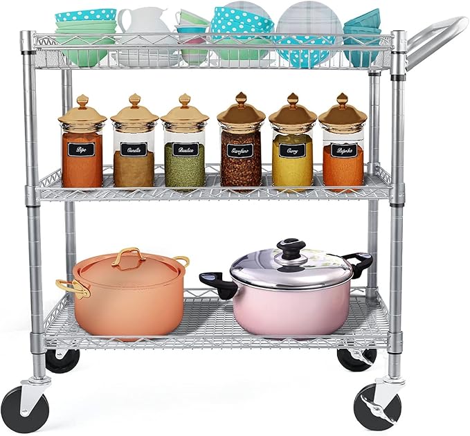 WDT Heavy Duty 3 Tier Utility Cart,990Lbs Capacity Wire Rolling Cart with Wheels, Commercial Grade Service Cart with Shelving Liners and Handle Bar Metal Carts for Kitchen Office Hardware, NSF Listed