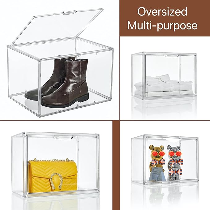 XXX-Large Clear Acrylic Display Case Boot Shoe Storage Boxes With An Adjustable Divider,2 Pack 2 Tiers Clear Plastic Stackable Storage Bins With Lids Big Display Acrylic Box With Magnetic Door