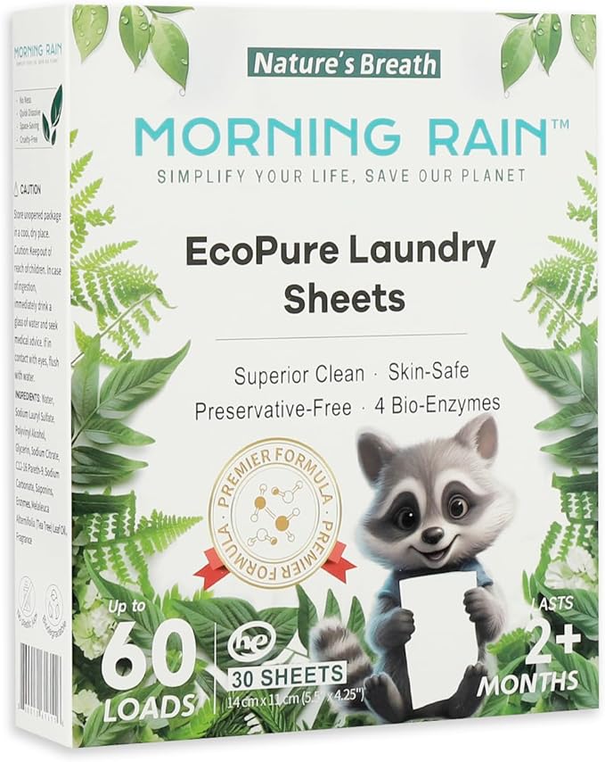 MorningRain Eco-Safe Laundry Detergent Sheets - Ingredients from Finland,Natural Scent, Bio-Enzyme Formula, Power Clean, 90 Sheets (Up to 180 Loads) - Non-Toxic, Preservative-Free, Designed in USA