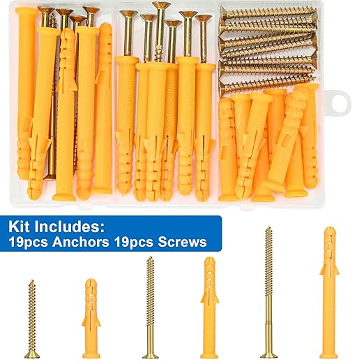 Aovchei Drywall Anchors Kit 38PCS, 19 Plastic Anchors and 19 Philips Flat Head Screws, 3 Size #10 * 60, #10 * 80, #10 * 100, Wall Hanging Kit for Hanging Picture Frame, Shelf Brackets, Curtain Rod