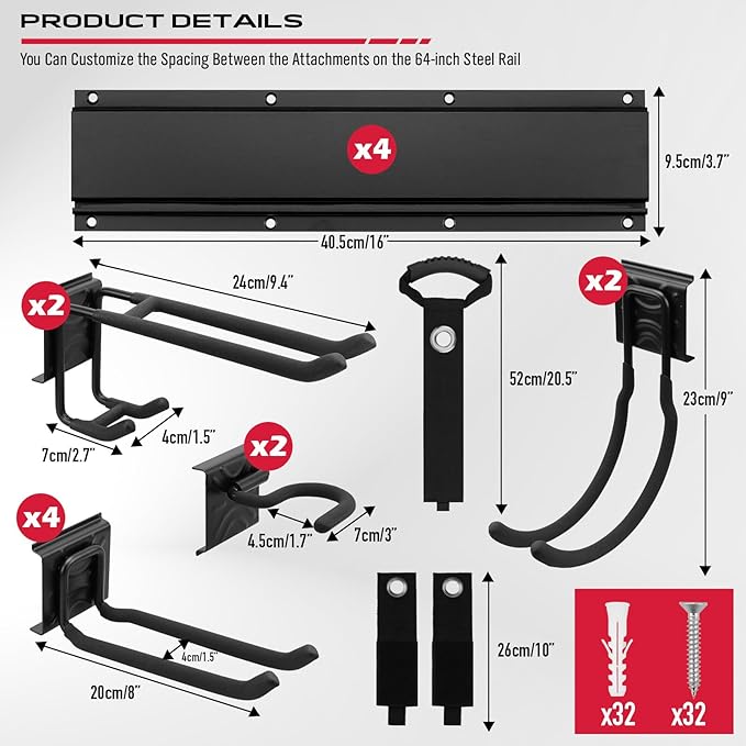 64" Heavy Duty Garage Storage Tool Organizer Wall Mount - Tool Rack with Adjustable Hooks, Anti-Rust, 300lbs Capacity - Easy Installation (4 Racks, 10 Hooks, 3 Straps)