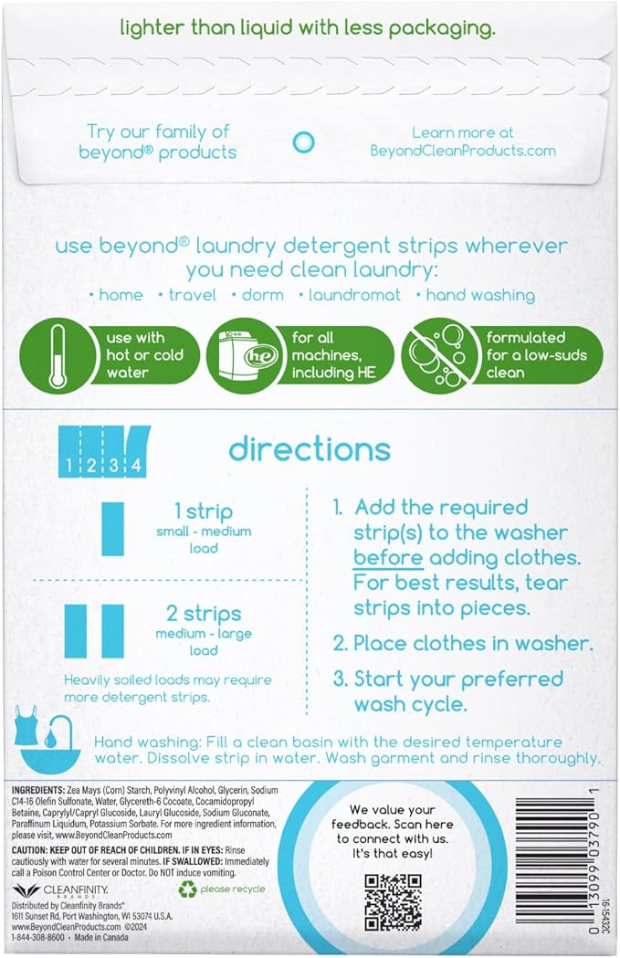 Beyond Laundry Detergent Strips [12 packs of 32 strips] - Free & Clear - Eco-friendly, Hypoallergenic. Travel friendly. Dissolvable Strips