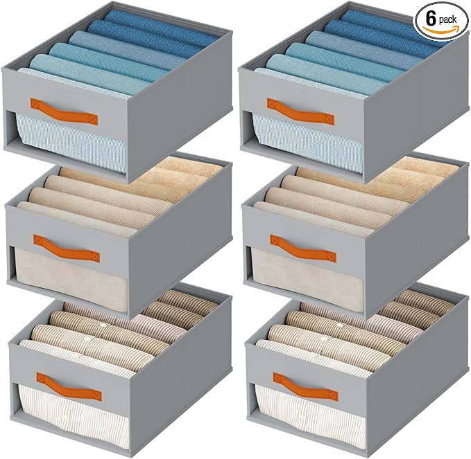 Homsorout Drawer Organizers and Storage - 6 Pack Foldable Pants Organizer with Clear Window & Handles, Fabric Closet Organizer for Clothes, Jeans, Sweaters, Towels, T-shirt, Scarf (Grey)