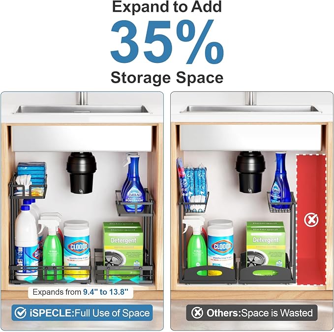 iSPECLE Kitchen Under Sink Organizer - 2 Tier Pull Out Organizer Expandable Width Add More Space, Adjustable Height Easy Get Items Without Bending, No Drilling Required Under Sink Storage