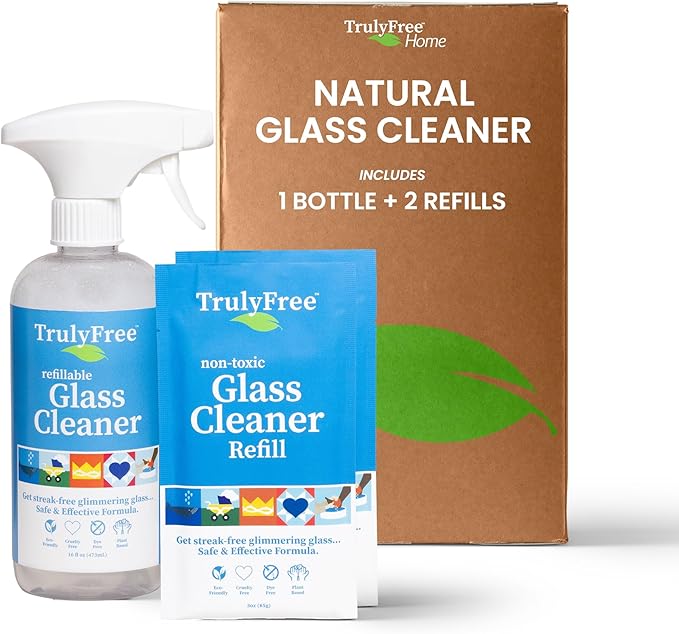 Natural Glass Cleaner - Removes Dirt & Debris for Sparkling Clean Windows & Glass Surfaces at Home, Office & Garage, Includes: 1 Refillable Empty Bottle (16oz) & 2 Refills (3oz ea)