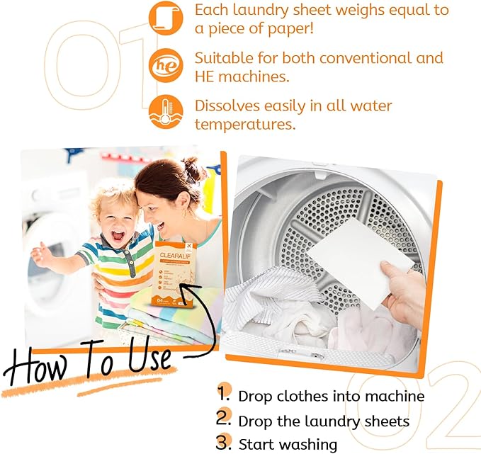 CLEARALIF Laundry Detergent Sheets, Orange, 64 Load, CLEARALIF Laundry Detergent Strips Eco Friendly & Hypoallergenic