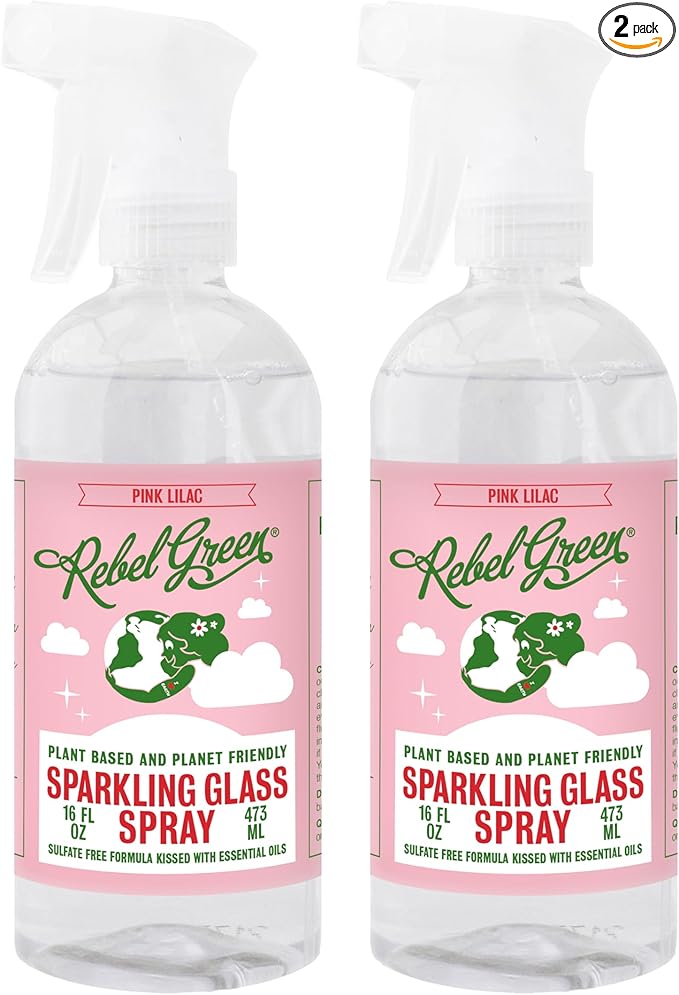 Rebel Green Sparkling Glass Spray - Streak-Free Natural Glass Cleaner for Windows, Mirrors, and Surfaces - Pink Lilac Scent - 16 oz - 2 Pack