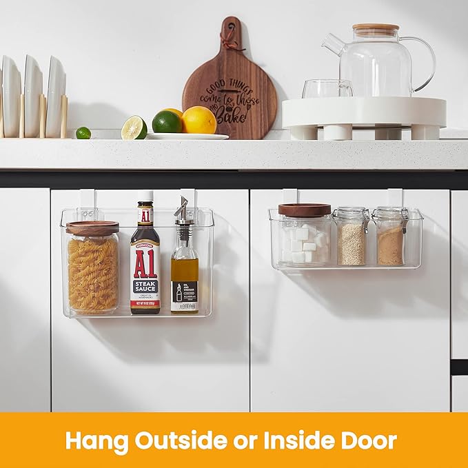 vacane Hanging Basket with Removable Hooks, Plastic Over Cabinet Door Organizer for Organizing Over the Cabinet Organizer Holder for Kitchen, Pantry, Bathroom-Hang Outside or Inside Door-4 Pack