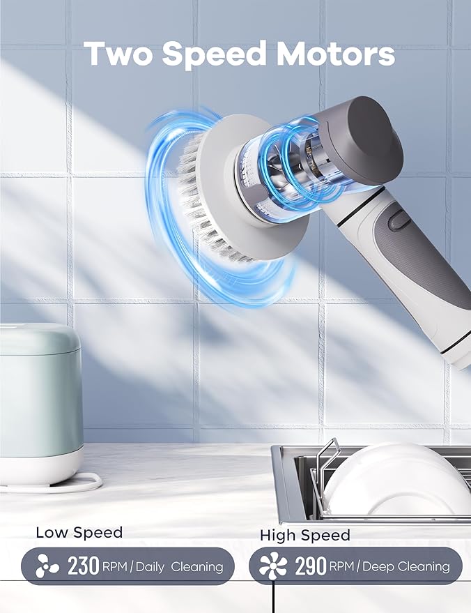 Electric Spin Scrubber,Power Scrubber Dual Speeds Cordless Shower Scrub Brush with Handle,Cleaning Brush with IPX7 Waterproof,8 Brush Heads for Kitchen,Tile,Tub (Short Purple)