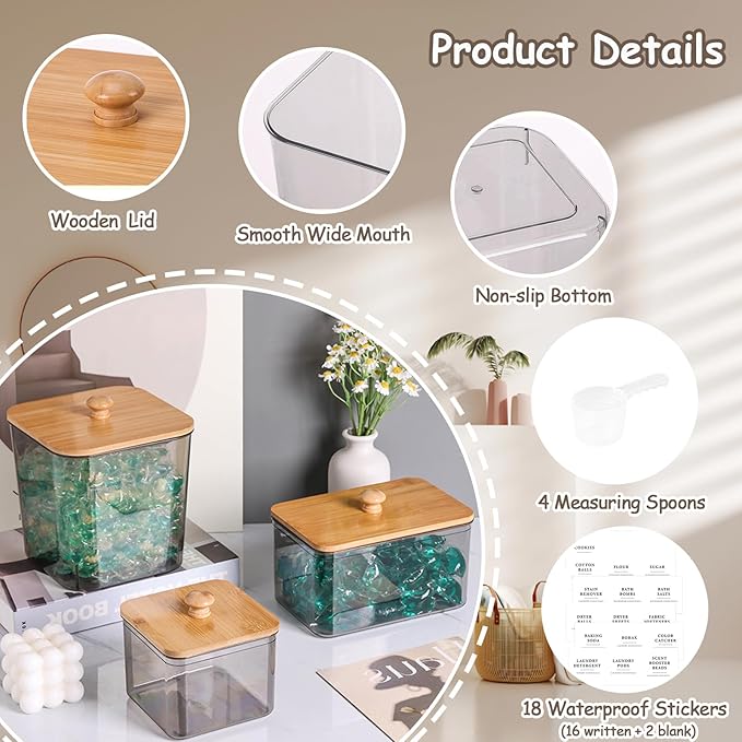 4 Pack Laundry Pods Container,Clear Dryer Sheet Holder & Laundry Room Organization and Storage with Lids, Scoops & Labels for Laundry Detergent, Powder, Dryer Balls, Beads (Gray)