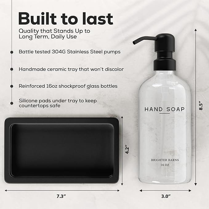 Glass Hand and Dish Soap Dispenser Set by Brighter Barns - Kitchen Soap Dispenser Set with Tray, Stainless Steel Pump - Glass Bottles for Sink - Black Kitchen Accessories for Home, Hotel, Gift (Clear)