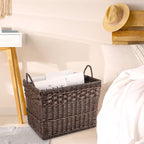 Hand Woven Magazine Holder Rectangular Wicker Divided Magazine Basket with Handle Newspaper Book Storage Basket Organizer for Office Living Room Home Office, 15.5 x 12 x 12.5 Inch