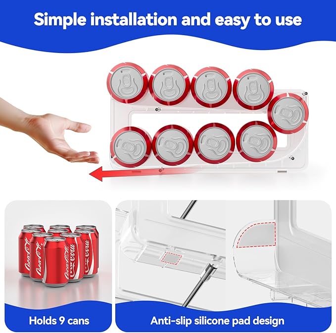 2 Pack Soda Can Organizer,Can Dispenser for Refrigerator Drink Storage Rack for Standard and Tall Can Pop Can Holders for Pantry Cabinet Clear