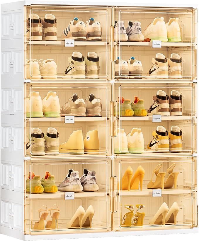 JEKO&JEKO 6-Tier Foldable Shoe Storage Box with Magnetic Doors, Large Stackable Shoe Organizer Cabinet for Entryway, Clear Front Door Shoe Boxes Hold Up to 24 Pairs (White)