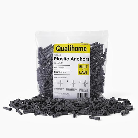 Qualihome Ribbed Plastic Drywall Anchors - Wall Anchors for Drywall - Plastic Screw Anchors for Secure Fastening (Bulk Pack, #6-8 x 7/8")