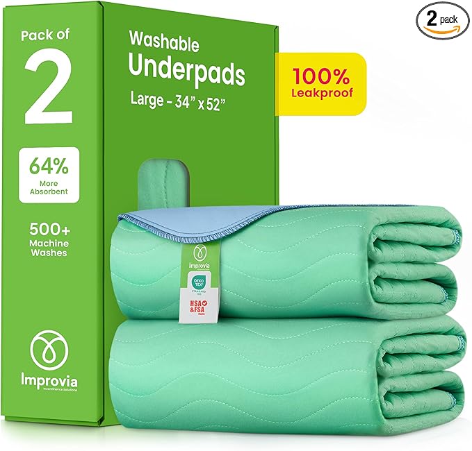 IMPROVIA® Washable Underpads, 34" x 52" (Pack of 2) - Heavy Absorbency Reusable Incontinence Pads for Kids, Adults, Elderly, and Pets - Waterproof Protective Pad for Bed, Couch, Sofa, Furniture, Floor