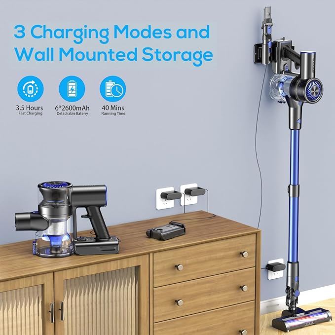 Cordless Vacuum Cleaner, Vacuum Cleaner for Home with 80000 RPM High-Speed Brushless Motor, Up to 40 Mins Runtime, 2 Adjustable Suction, Anti-Tangle, Lightweight Stick Vacuum for Hard Floor