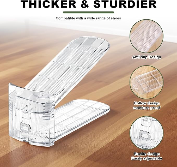 Shoe Slots Organizer, 10-Pack Adjustable Double Deck Shoe Stacker, Clear Space Saver Shoe Rack Holder for Closet Organization, Stackable Shoe Storage for Sneakers, Heels, Flats