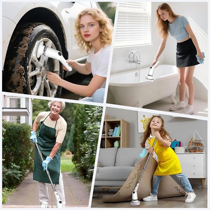 Electric Spin Scrubber,Cordless Cleaning Brush,Bathroom Shower Scrubber with Long Handle Adjustable,3 Speeds,IPX7 Waterproof,Digital Display,8 Replaceable Brush Heads for Tile Bathtub Car Kitchen Wall