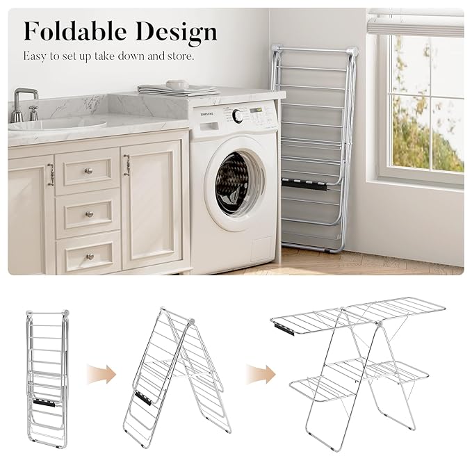 APEXCHASER Clothes Drying Rack with 4 Wings, Stainless Steel Drying Rack Clothing with Sock Clips, Metal Connectors, Height-Adjustable, Foldable Laundry Drying Rack, Indoor Outdoor Use, No Assembly