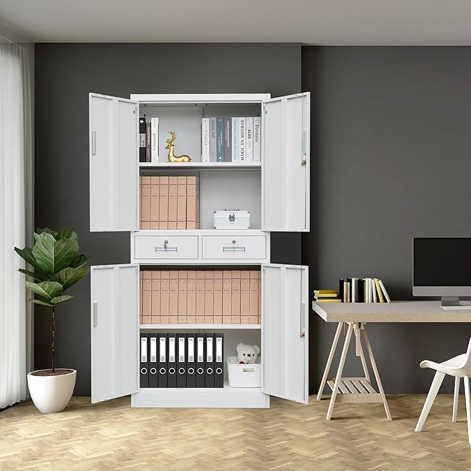 Metal Storage Cabinet with 2 Drawers 71" H,White Metal Garage Cabinets with 2 Lockable Doors and Adjustable Shelves Easy to Assemble for Home Office, Kitchen,Pantry,Garage,Warehouse
