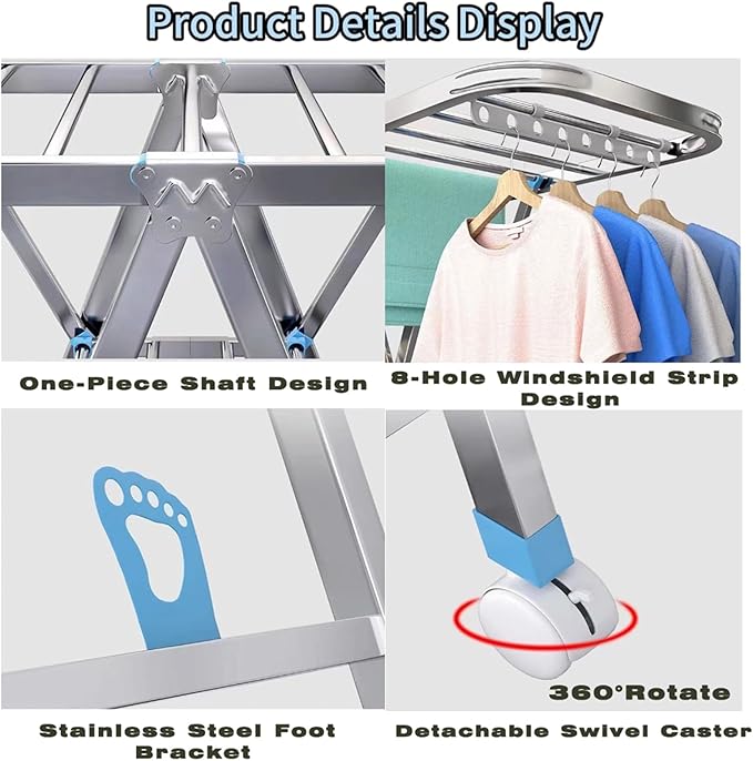 Heavy Duty Clothes Drying Rack Foldable with Brake Wheels,75''Extra-Thick Metal Frame, 26 Rods Commercial-Grade Large Capacity,No Assembly Required, Adjustable Height for Indoor Outdoor Use