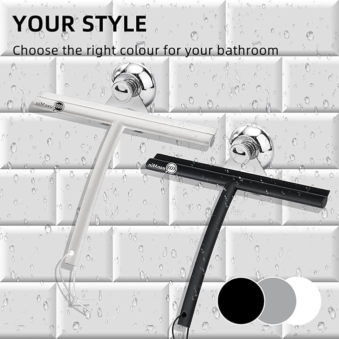 Upgrade Design Shower Squeegee with Hook, 11 inch Stainless Steel Core Glass Wiper, Multi-Purpose Glass Silicone Rubber Household Squeegees for Glass and Ceramic Doors Windows, Rounded Black