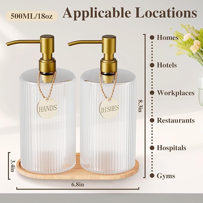 Kitchen Soap Dispenser Set,18Oz Glass Hand and Dish Soap Dispenser for Bathroom,with Wood Tray & Gold Stainless Steel Pump,Vertical Stripe Design