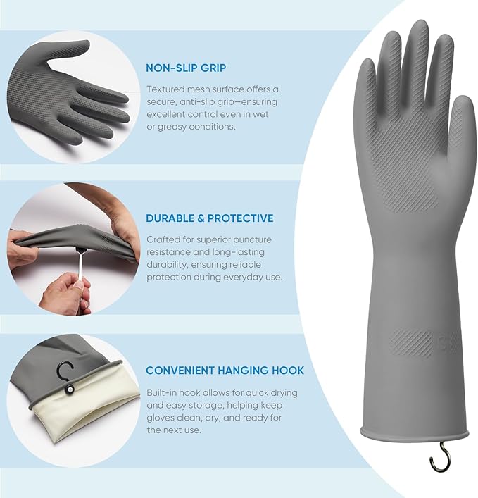 Dishwashing Gloves for Kitchen, 4 Pairs Rubber Cleaning Household Dish Washing Latex Glove with Hanging Hook (Black+Blue+Green+Grey, Medium)
