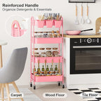 4 Tier Metal Rolling Cart with Lockable Wheels and Handle, Four Tiered Pink Trolley Cart on Wheels, Utility Storage Organizer for Bathroom, Kitchen, Teachers, Art, Crafts, Baby Diaper, Snack, Nail