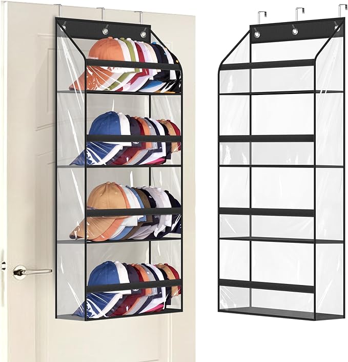 AOODA Clear Over the Door Hat Racks for Baseball Caps, Hold 48 Caps Hat Storage Organizer for Closet Wall, Deep Pockets Hanging Snapback Holder Shelves with 3 Hooks, Black