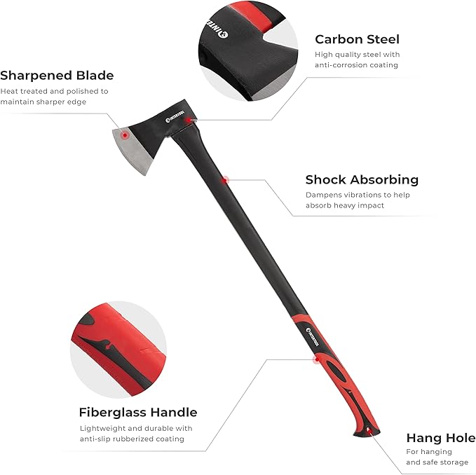 INTERTOOL Chopping Axe and Hatchet Set, 36-Inch Long and 14-Inch Hatchet, Shock Absorbing Fiberglass Handles With Blade Protectors HT-0264-0291