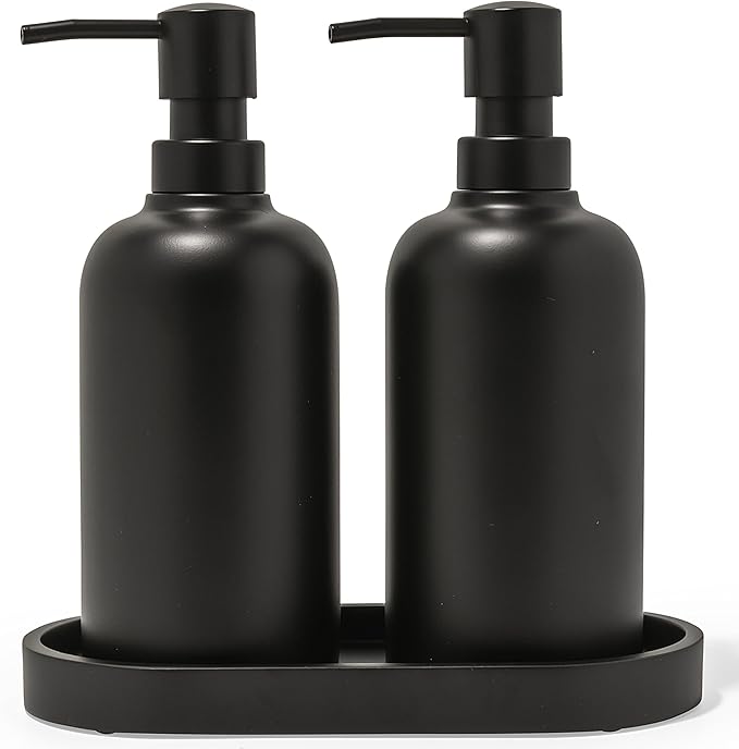 Matte Black Soap Dispenser Set with Tray, 2 Pack 15oz Round Rustproof Liquid Hand Dish Soap Dispensers with Tray for Kitchen Sink, Countertop, and Bathroom