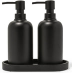 Matte Black Soap Dispenser Set with Tray, 2 Pack 15oz Round Rustproof Liquid Hand Dish Soap Dispensers with Tray for Kitchen Sink, Countertop, and Bathroom