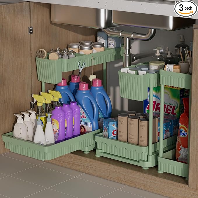3 Pack Multi-Purpose Under Sink Organizers and Storage, 2025 L-Shaped Pull Out Cabinet Organizer for Bathroom & Kitchen, Under Cabinet Organizer with Hooks Hanging Cup, Green