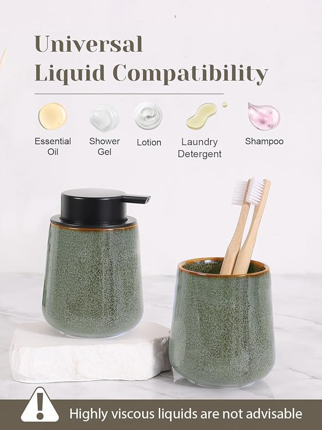 INGOFIN Ceramic Lotion Dispenser - 12 oz Refillable Hand Soap Dispenser Bathroom, Modern Liquid Dispenser with Pump, Dish Soap Dispenser for Kitchen,Kiln-Glazed Green