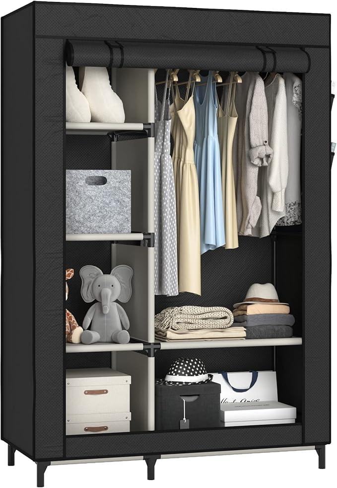 Buzowruil Canvas Wardrobe Portable Closet Wardrobe Clothes Storage with 6 Shelves and Hanging Rail,Non-Woven Fabric, Quick and Easy Assembly,Black