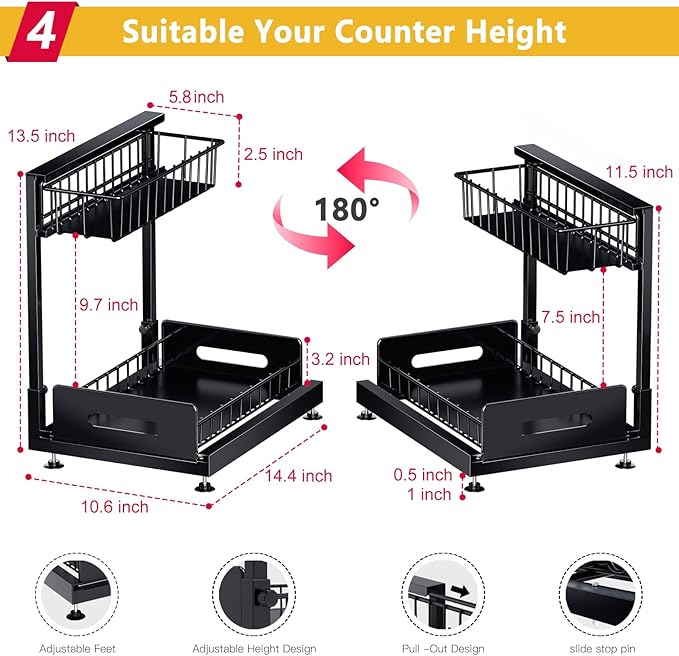 IHAITUN Under Sink Organizer and Storage, 2 Tier Pull Out Cabinet Organizer Slide Out Sink Shelf Cabinet Height Adjustable Storage Drawers Shelf for Kitchen Bathroom Cabinet Organization（Black）