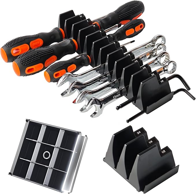 Wrench Organizer for Tool Box & Drawer, Reinforced Anti-Slip Toolbox Organizer System, Universal Tool Organizers and Storage for Wrenches & Screwdrivers (Metric & SAE Labels, No Magnet, Black, 42PC)