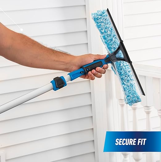 Unger Professional 2-in-1 Squeegee and Scrubber, 14” Window Cleaning Tool and 8’ Connect & Clean Pole, Essential Glass Supplies for Commercial and Residential Use, Microfiber Sleeve