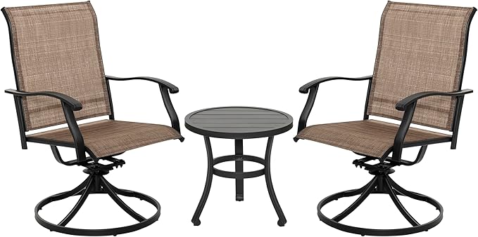 NUU GARDEN 3 Piece Outdoor Bistro Set, 2 Swivel Bistro Chairs and 20" Round Bistro Table, Patio Textilene Fabric, Powder-Coated Iron Frame, for Patio, Deck, Garden, Backyard, Black and Brown