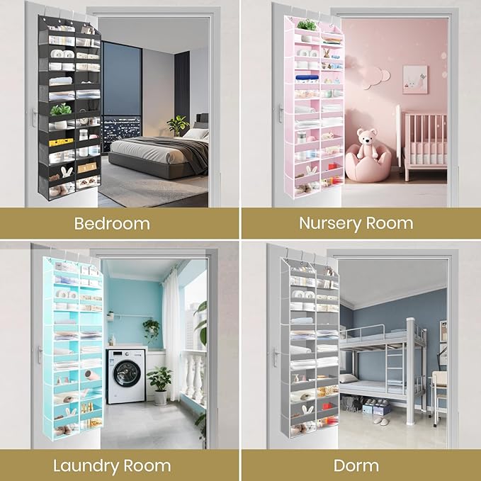 HOMELUX THEORY UPGRADED Over The Door Organizer Hanging - 100D EXTRA THICK & 50lbs HUGE CAPACITY 6 Large Front & 12 Side Pockets, Over The Door Shoe Organizer, Hanging Closet Organizer (Light Gray XL)