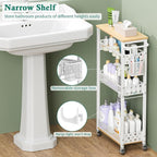 Slim Storage Cart 4 Tier Laundry Cart with Wheels, Narrow Metal Kitchen Rolling Carts Bathroom Organizers Storage Shelf with Wood Rack and Handle for Small Space